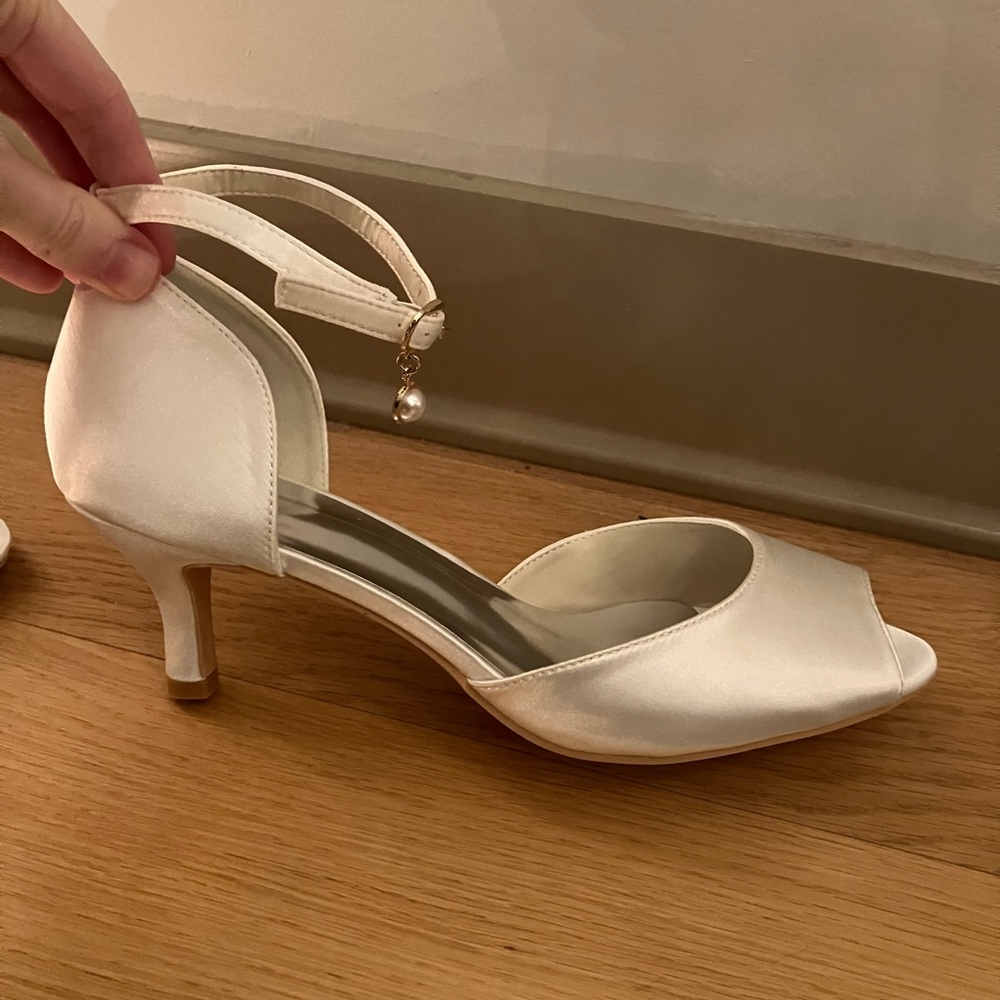 Satin Ivory Wedding Shoes with Kitten Heel, Size 9.5